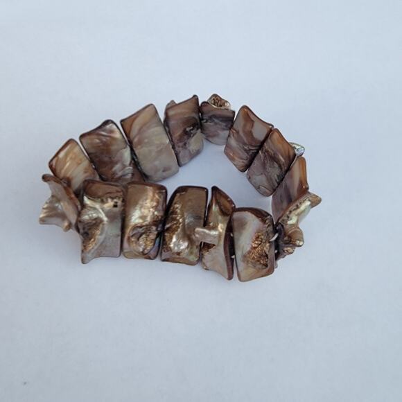 Vintage shell stretch bracelet chunky brown mother of pearl boho - Picture 2 of 10